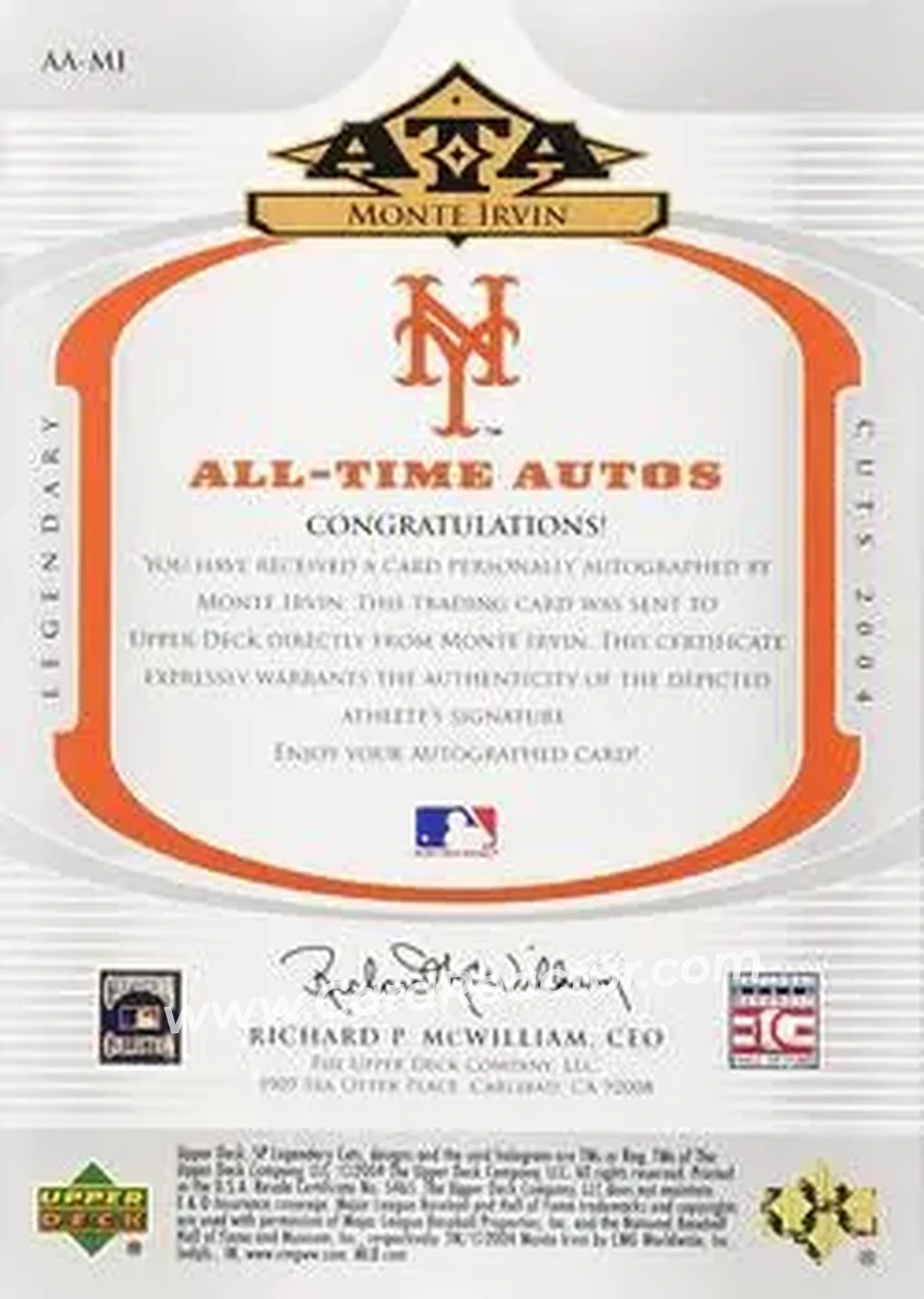 2004 SP Legendary Cuts - All-Time Autos #AA-MI - Monte Irvin - New York Giants - Back