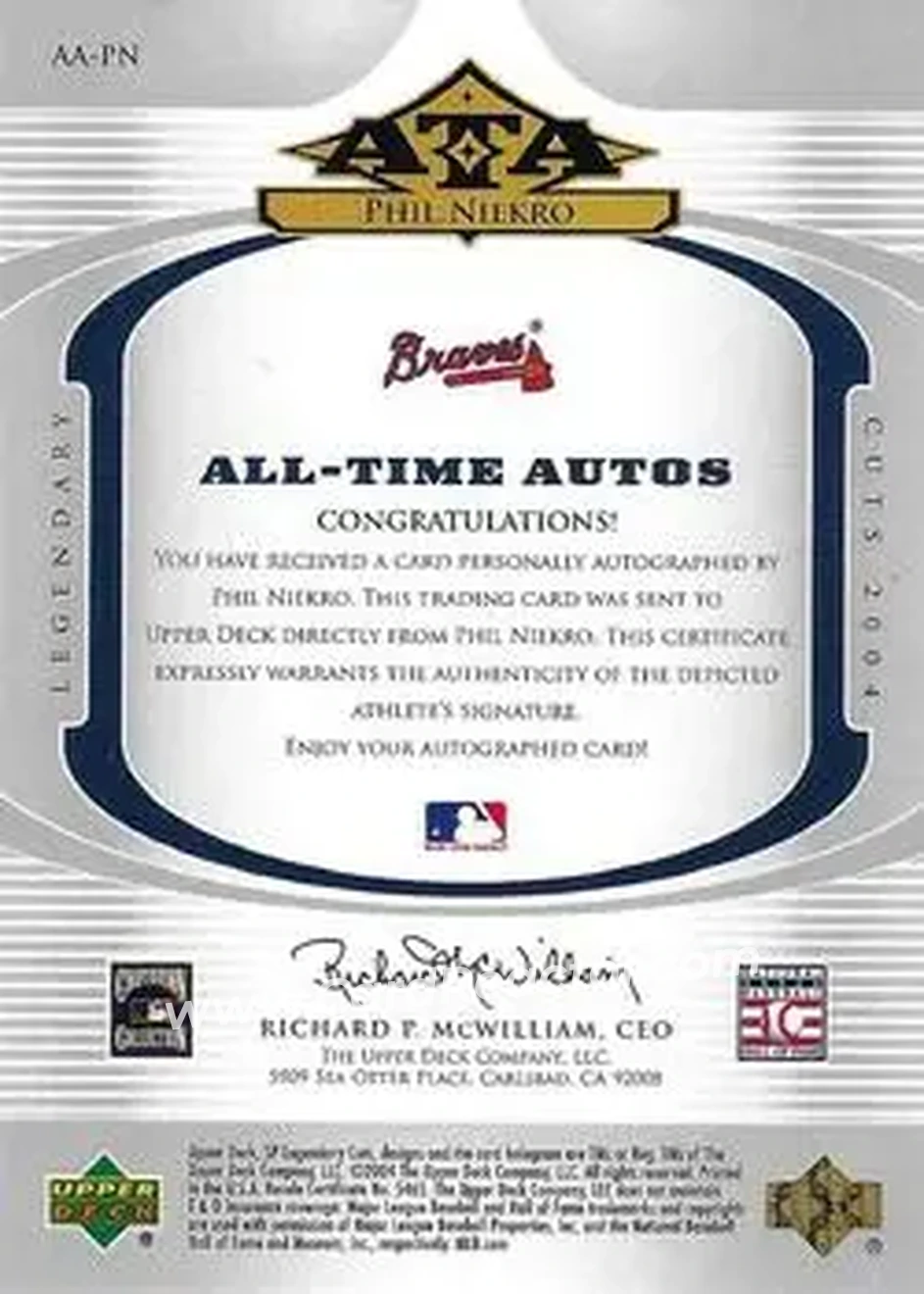 2004 SP Legendary Cuts - All-Time Autos #AA-PN - Phil Niekro - Atlanta Braves - Back
