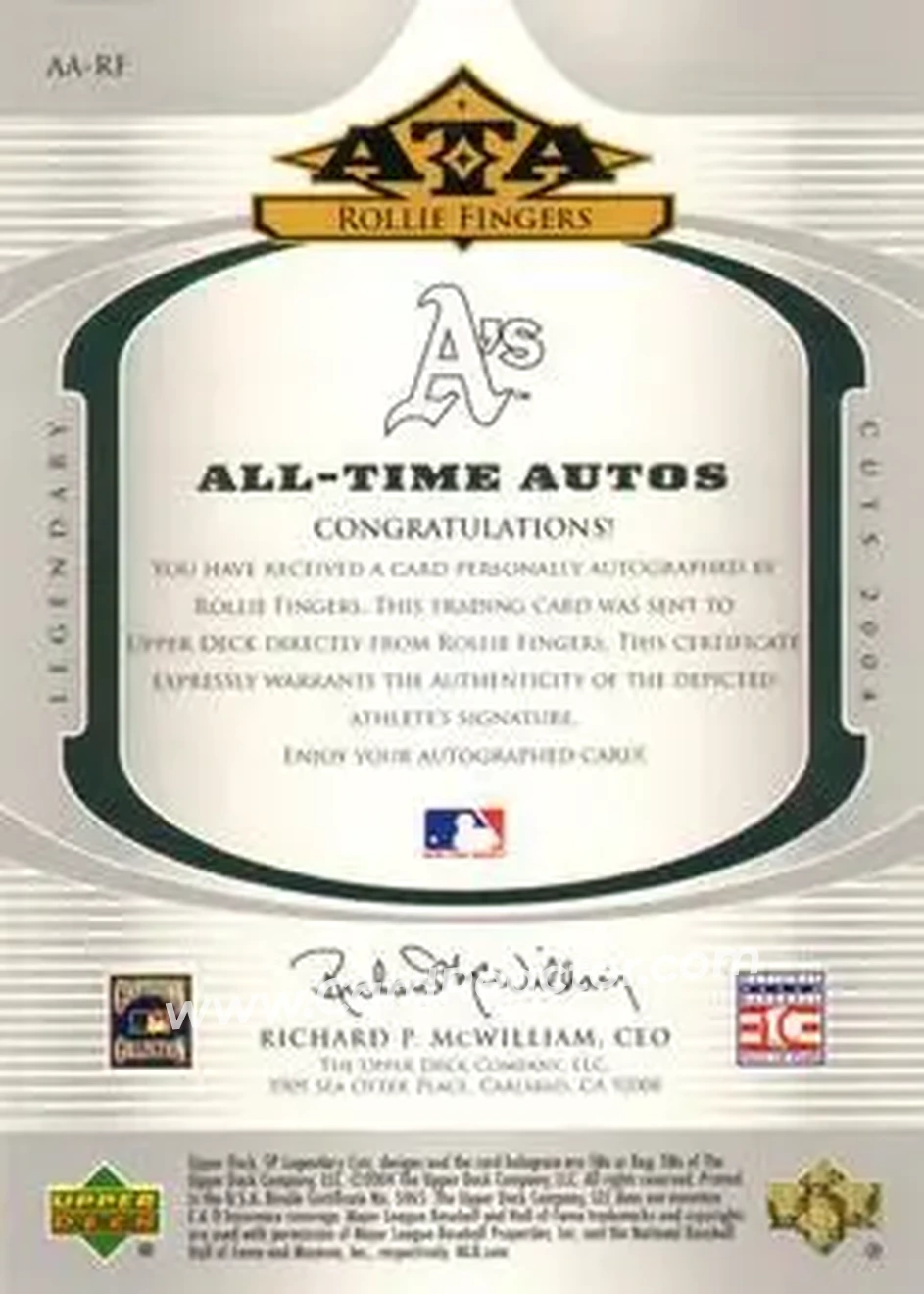 2004 SP Legendary Cuts - All-Time Autos #AA-RF - Rollie Fingers - Oakland Athletics - Back