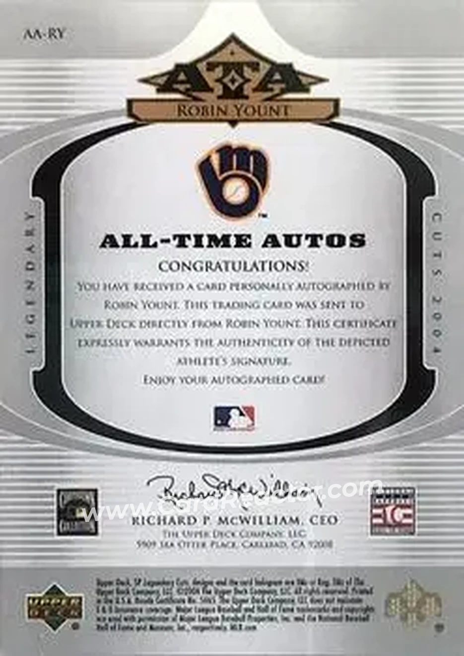 2004 SP Legendary Cuts - All-Time Autos #AA-RY - Robin Yount - Milwaukee Brewers - Back