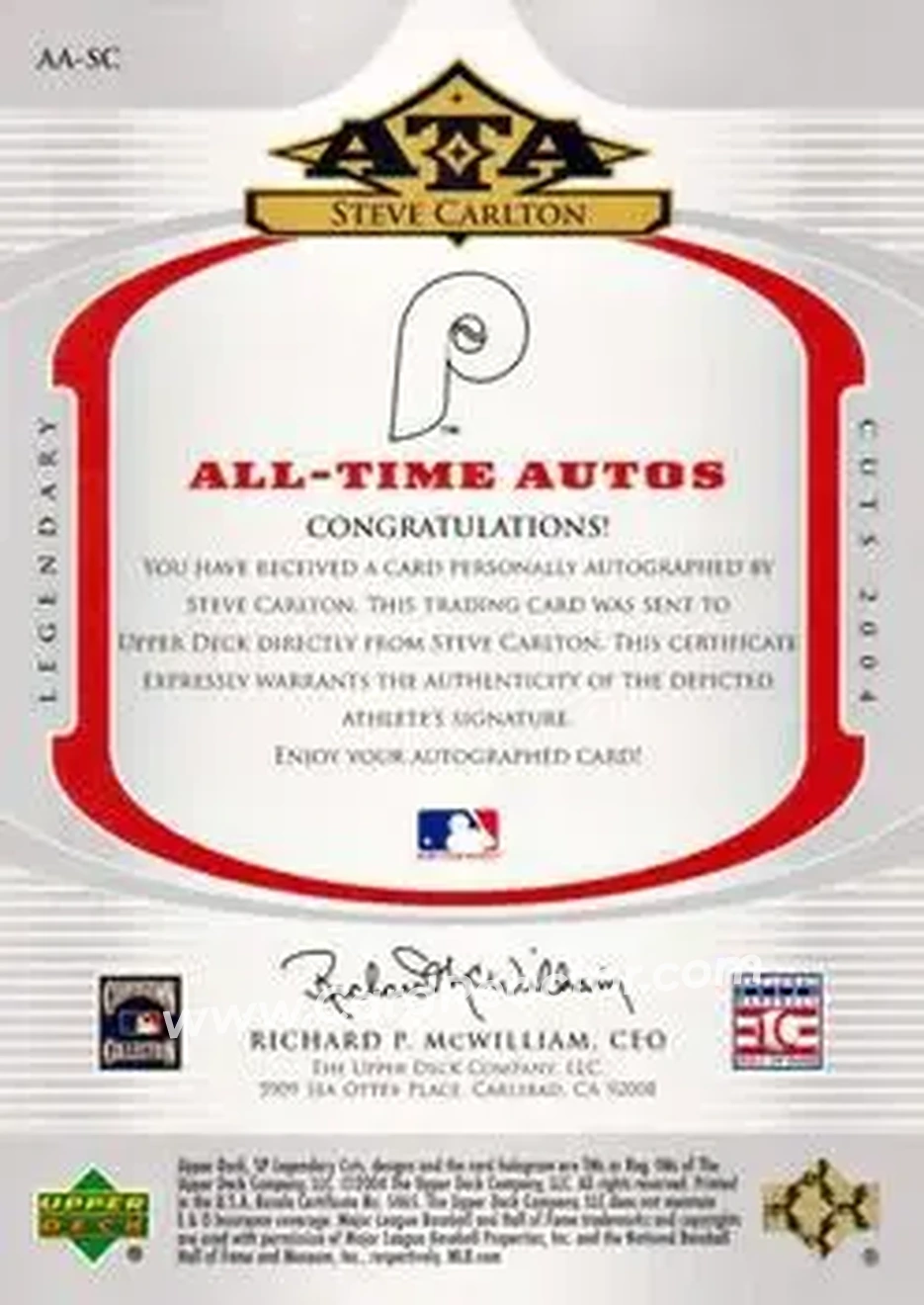 2004 SP Legendary Cuts - All-Time Autos #AA-SC - Steve Carlton - Philadelphia Phillies - Back