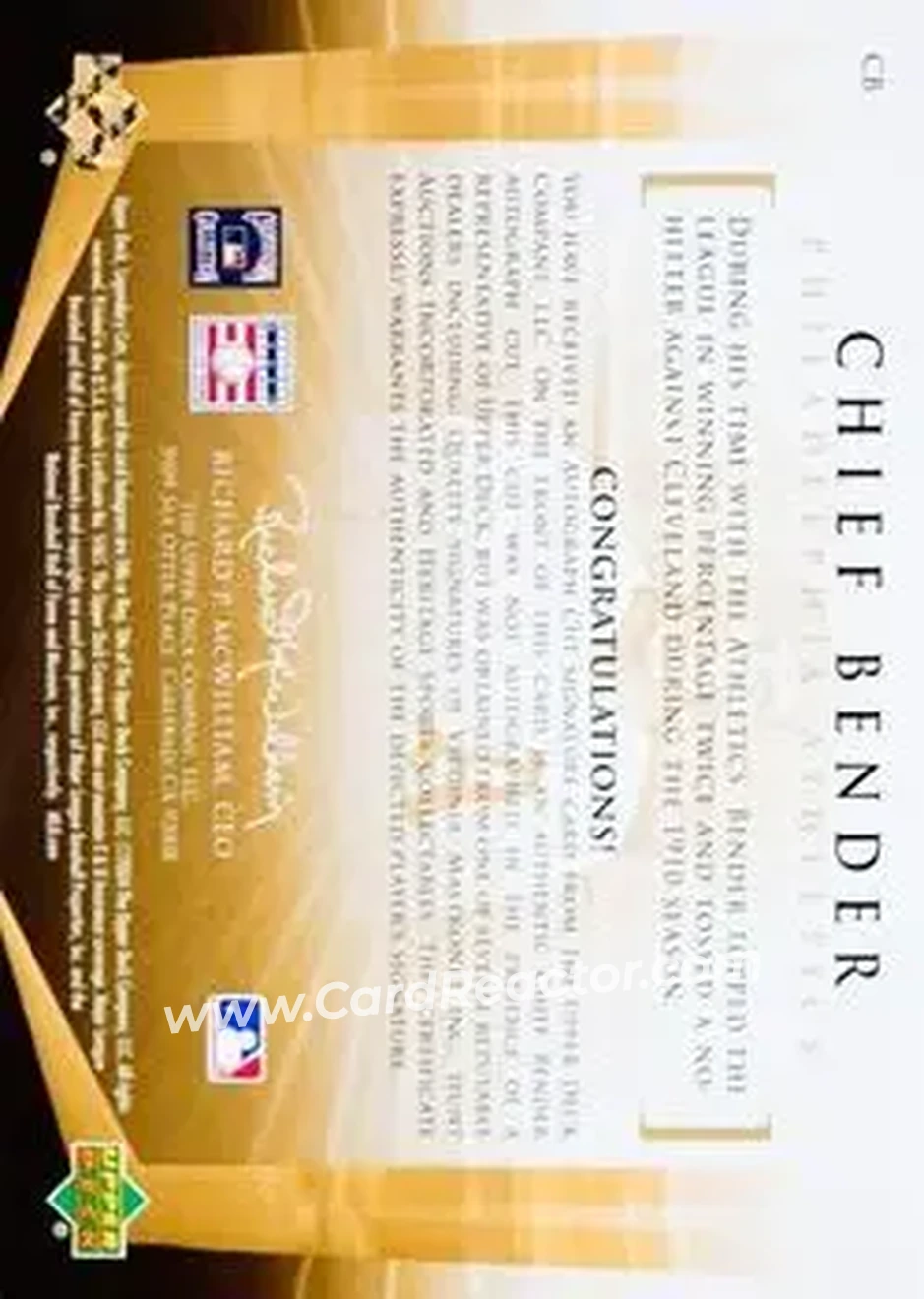 2004 SP Legendary Cuts - Legendary Cuts #CB - Chief Bender - Philadelphia Athletics - Back