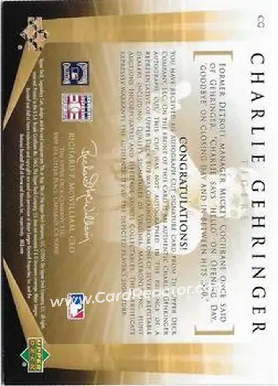 2004 SP Legendary Cuts - Legendary Cuts #CG - Charlie Gehringer - Detroit Tigers - Back