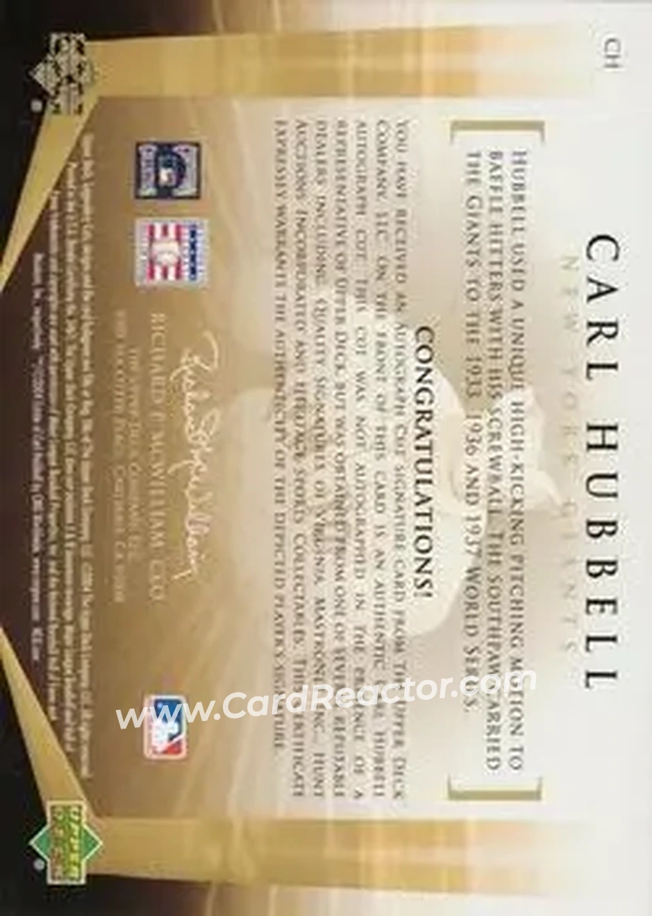 2004 SP Legendary Cuts - Legendary Cuts #CH - Carl Hubbell - New York Giants - Back