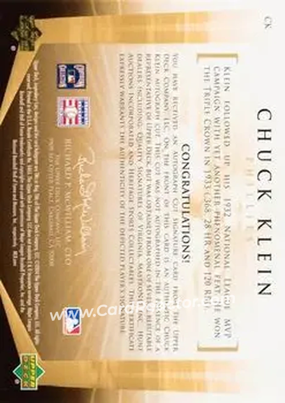 2004 SP Legendary Cuts - Legendary Cuts #CK - Chuck Klein - Philadelphia Phillies - Back