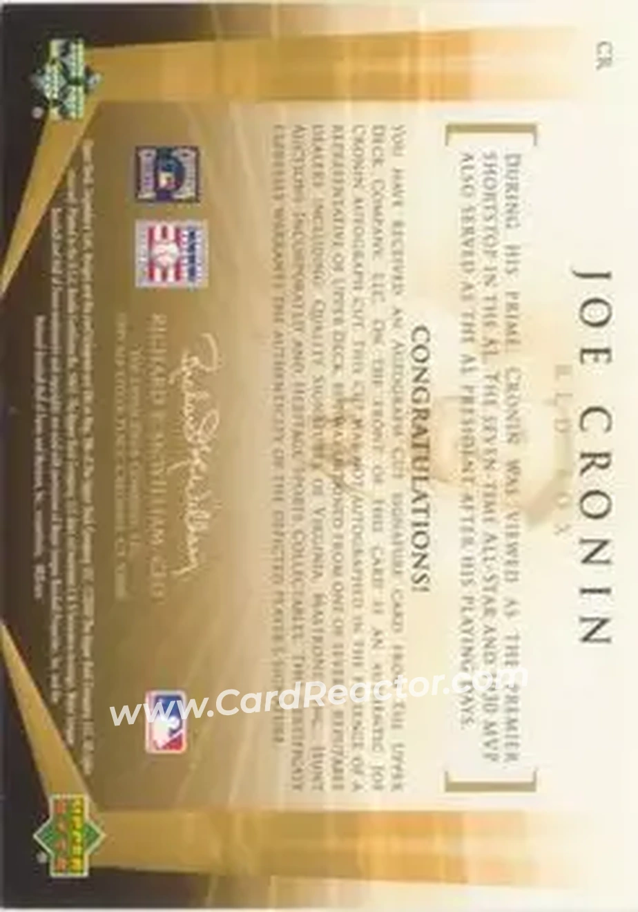 2004 SP Legendary Cuts - Legendary Cuts #CR - Joe Cronin - Boston Red Sox - Back