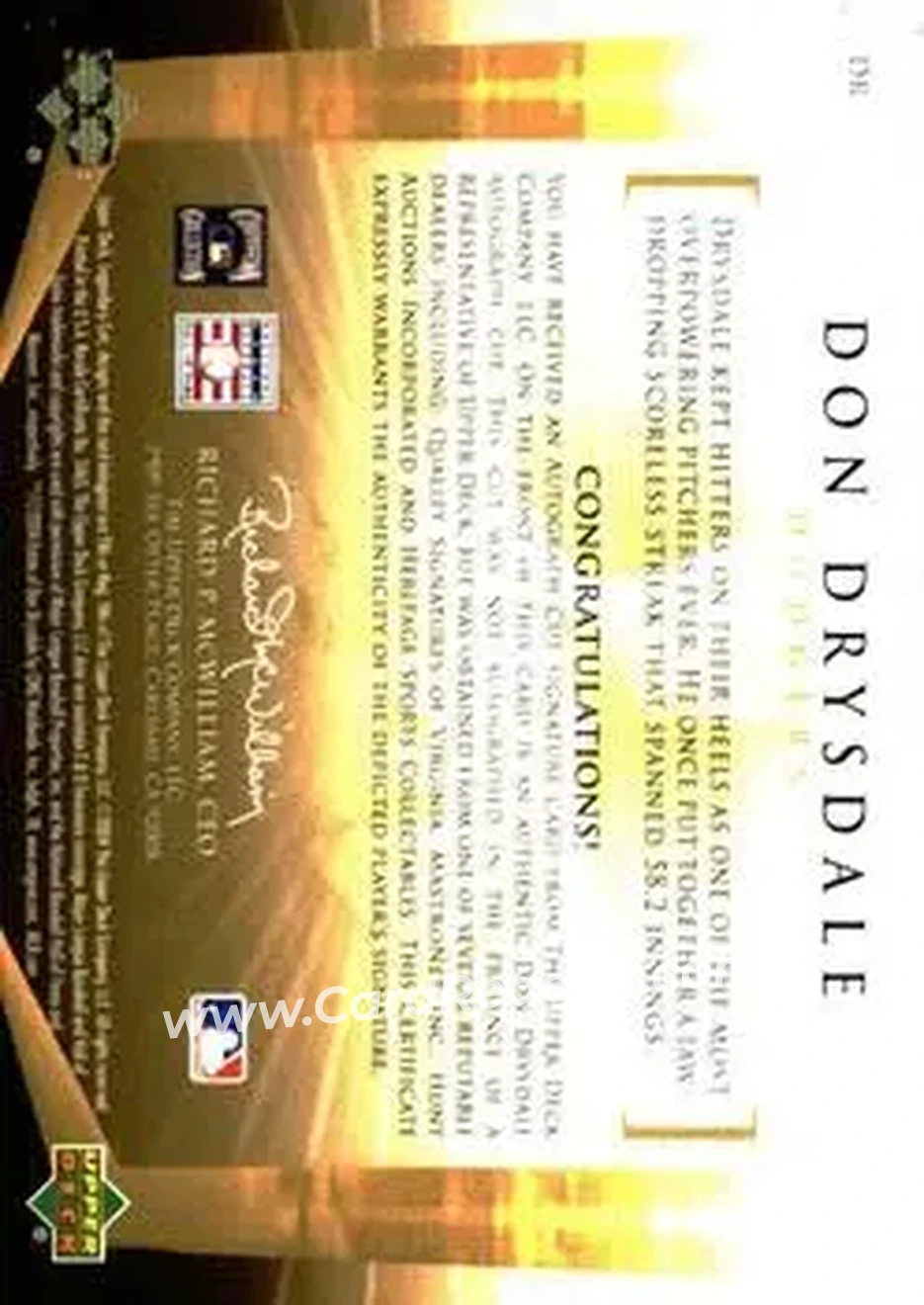 2004 SP Legendary Cuts - Legendary Cuts #DR - Don Drysdale - Los Angeles Dodgers - Back