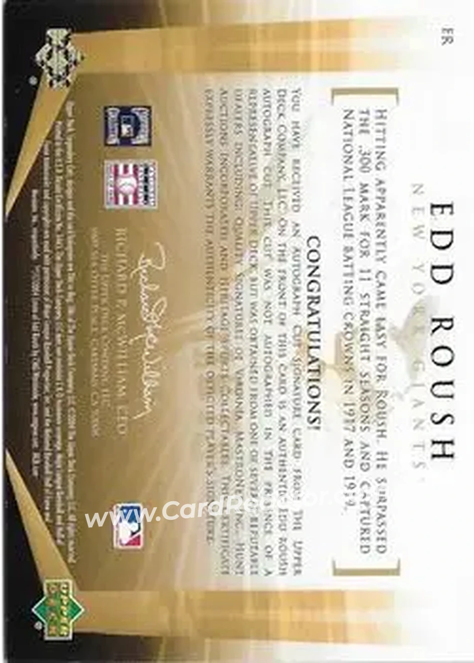 2004 SP Legendary Cuts - Legendary Cuts #ER - Edd Roush - New York Giants - Back