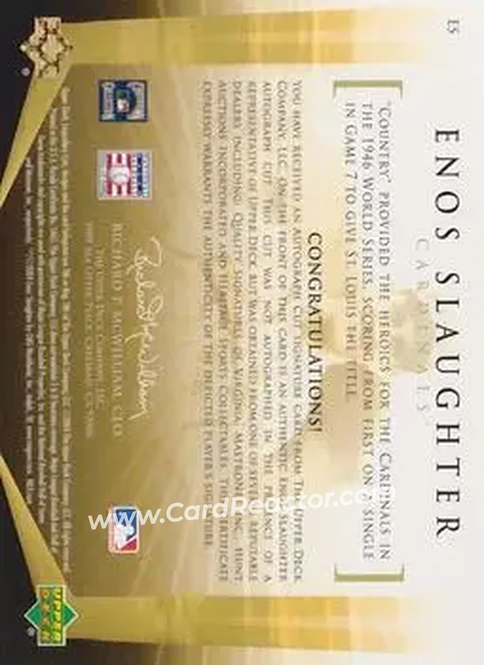 2004 SP Legendary Cuts - Legendary Cuts #ES - Enos Slaughter - St. Louis Cardinals - Back