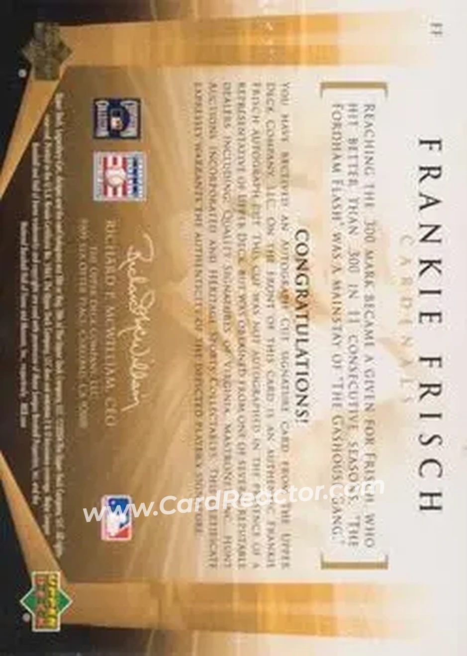 2004 SP Legendary Cuts - Legendary Cuts #FF - Frank Frisch - St. Louis Cardinals - Back