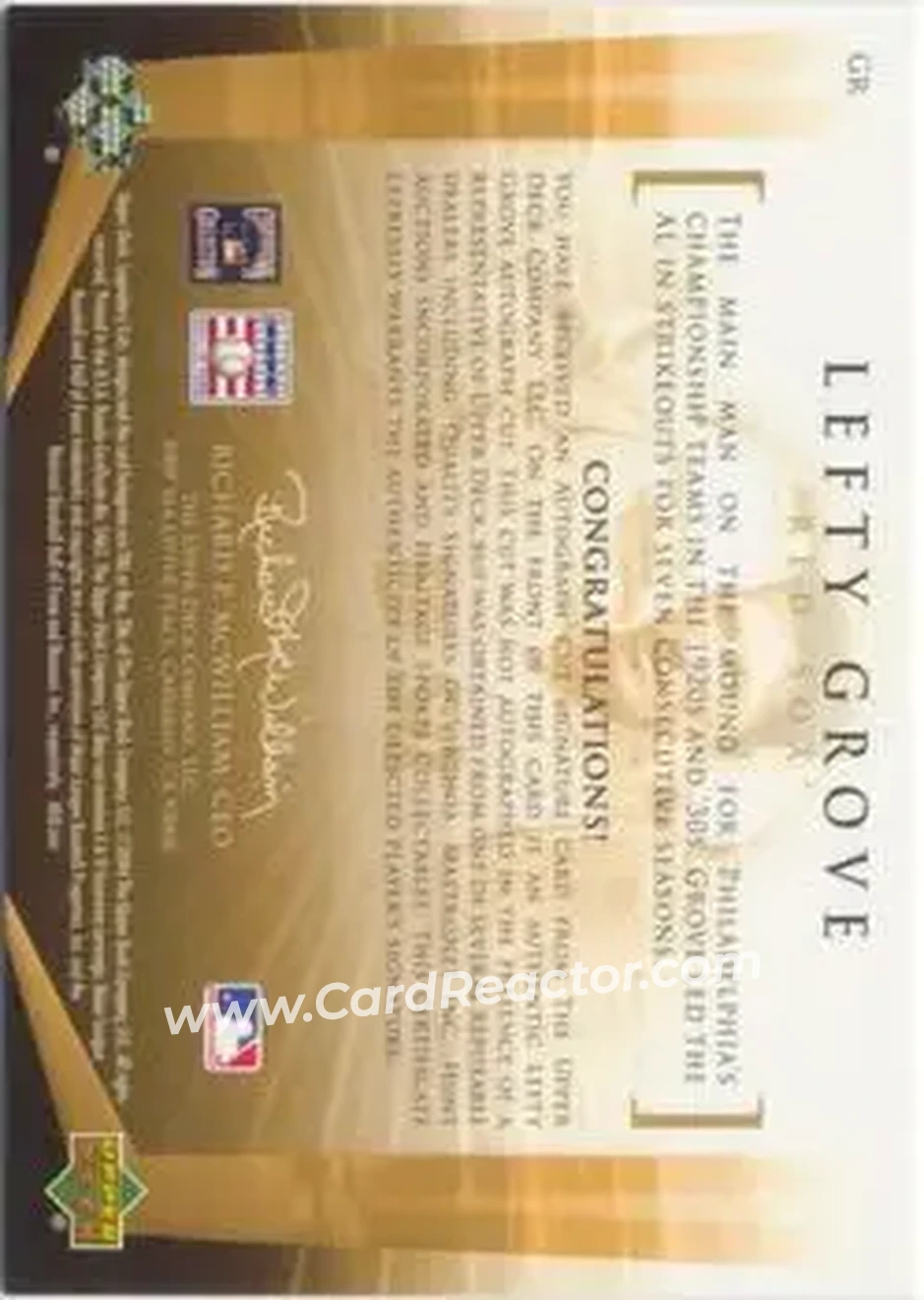2004 SP Legendary Cuts - Legendary Cuts #GR - Lefty Grove - Boston Red Sox - Back