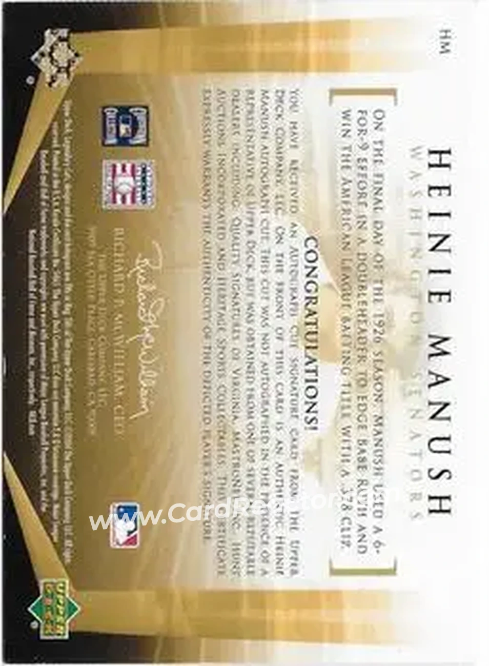 2004 SP Legendary Cuts - Legendary Cuts #HM - Heinie Manush - Washington Senators - Back