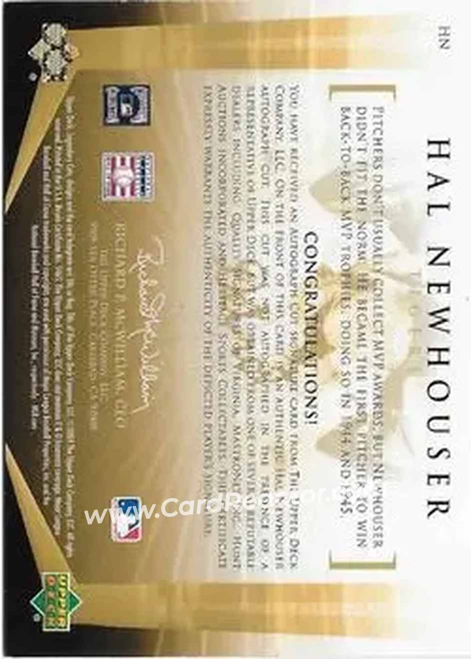2004 SP Legendary Cuts - Legendary Cuts #HN - Hal Newhouser - Detroit Tigers - Back