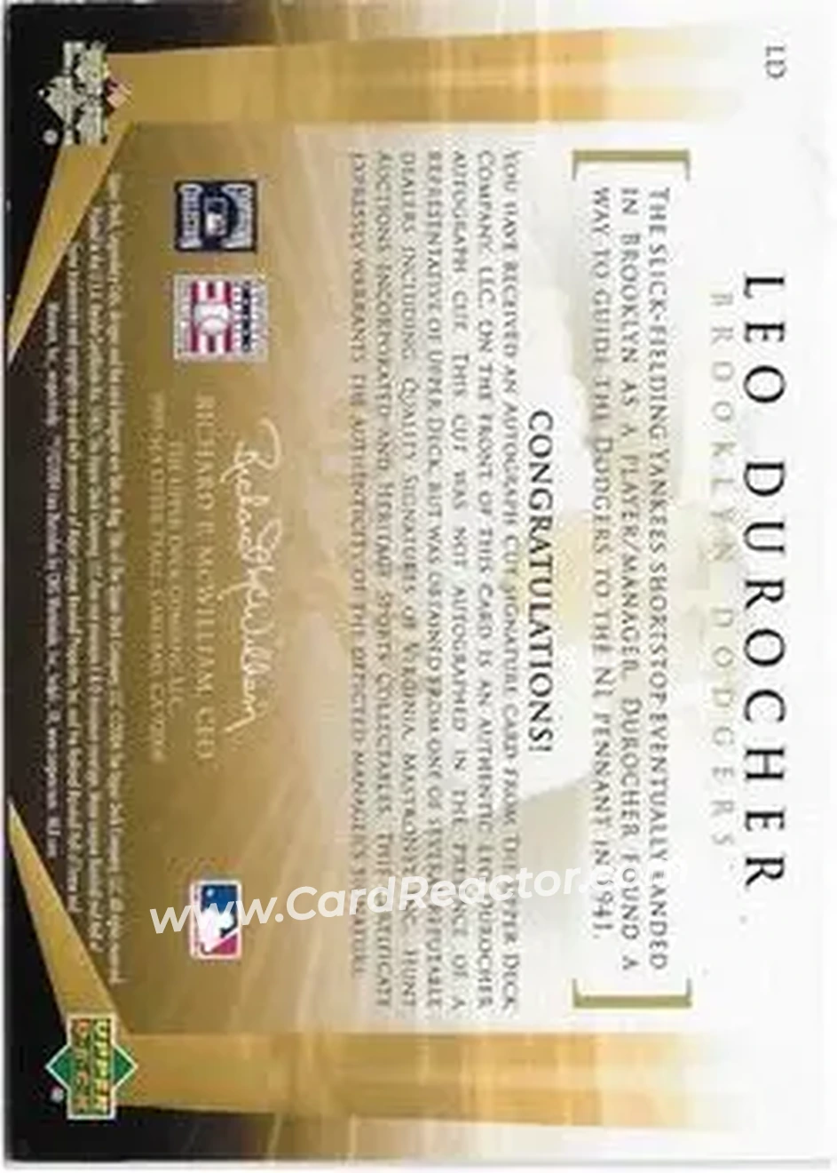 2004 SP Legendary Cuts - Legendary Cuts #LD - Leo Durocher - Brooklyn Dodgers - Back