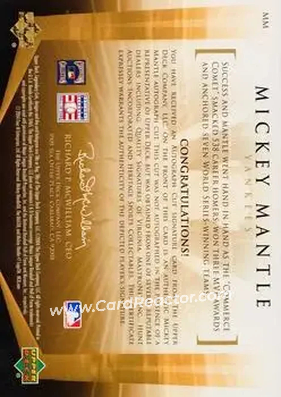 2004 SP Legendary Cuts - Legendary Cuts #MM - Mickey Mantle - New York Yankees - Back