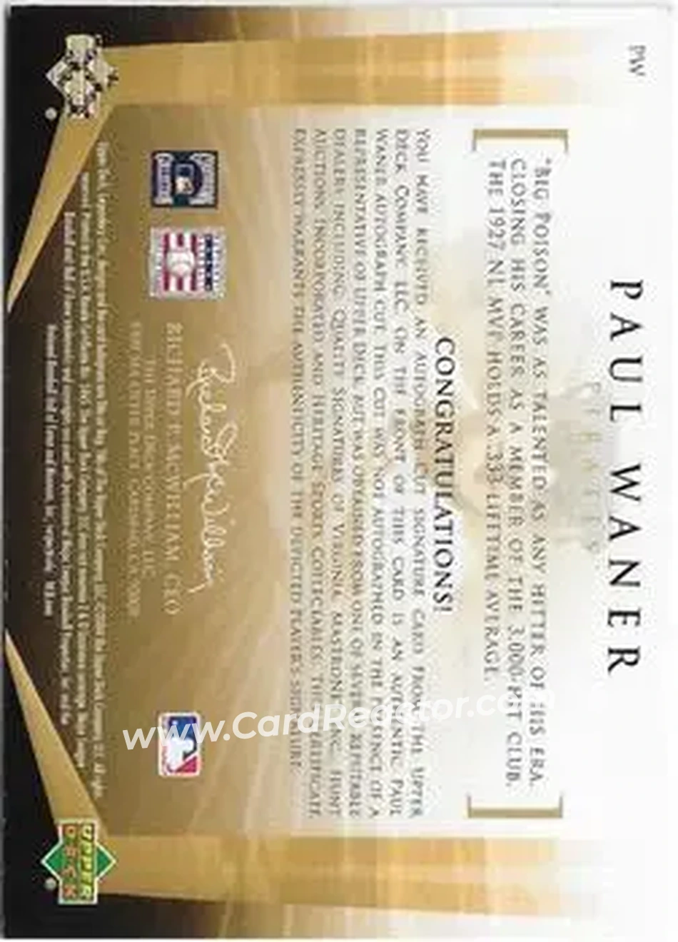 2004 SP Legendary Cuts - Legendary Cuts #PW - Paul Waner - Pittsburgh Pirates - Back