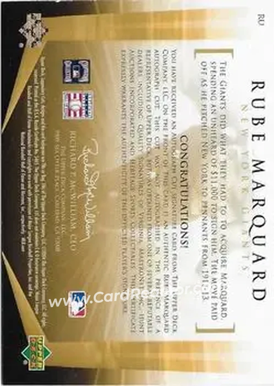 2004 SP Legendary Cuts - Legendary Cuts #RU - Rube Marquard - New York Giants - Back