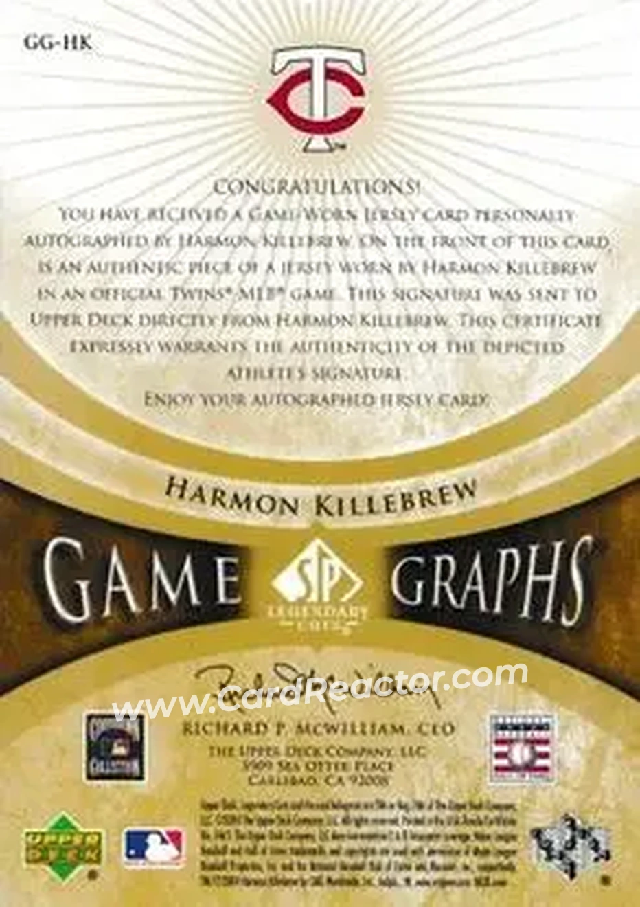 2004 SP Legendary Cuts - Game Graphs Memorabilia 10 #HK - Harmon Killebrew - Minnesota Twins - Back