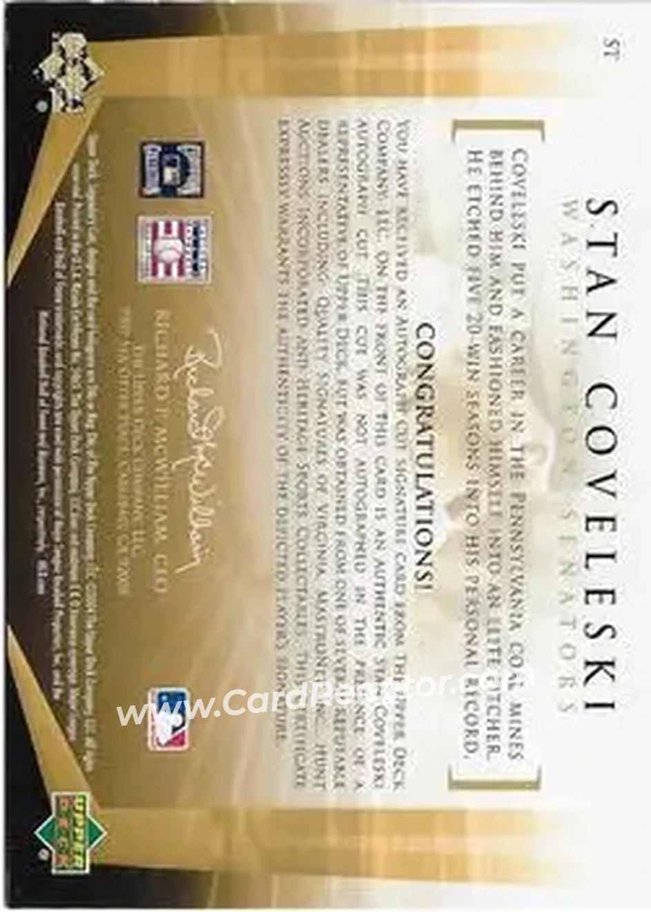 2004 SP Legendary Cuts - Legendary Cuts #ST - Stanley Coveleski - Cleveland Indians - Back