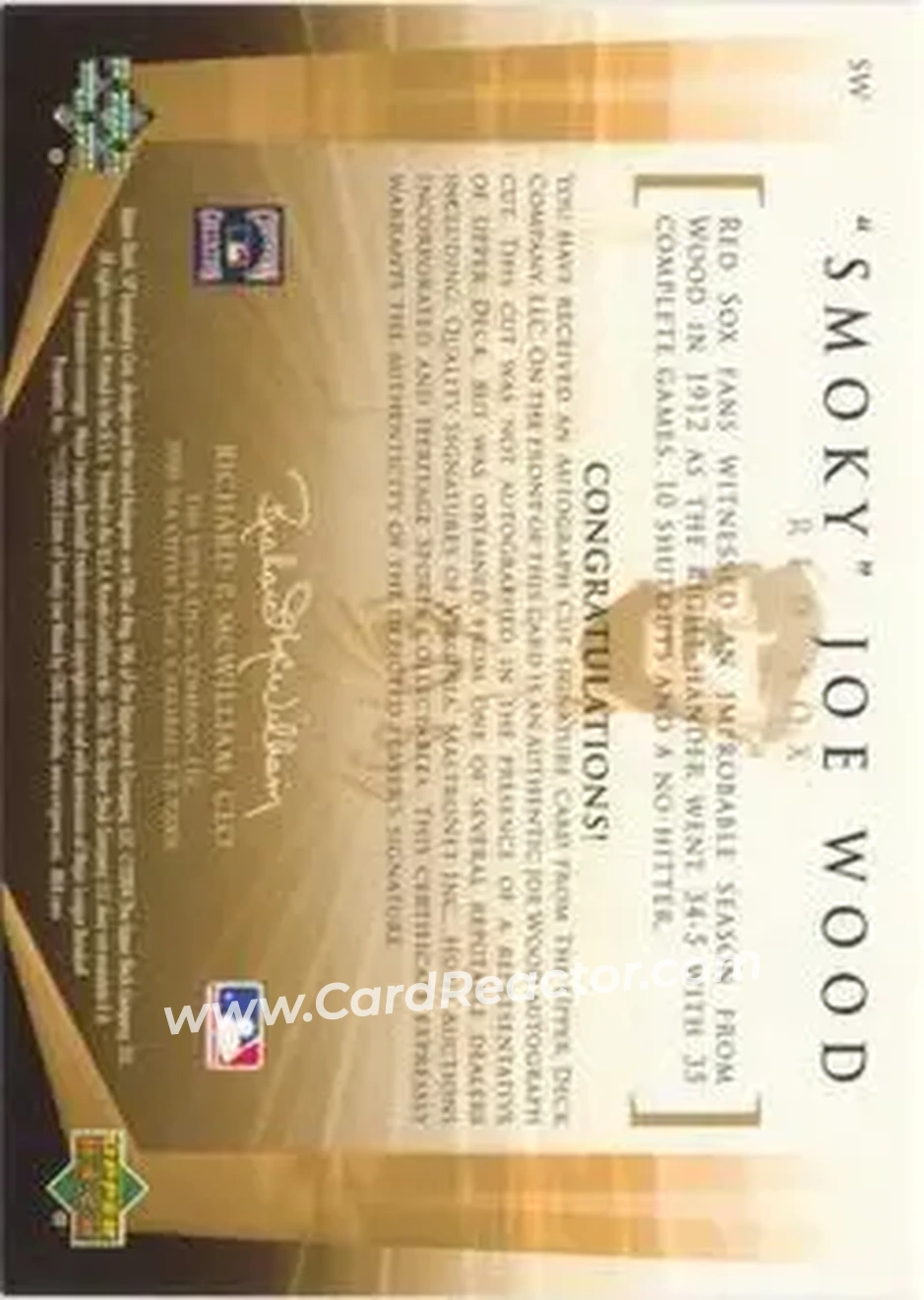 2004 SP Legendary Cuts - Legendary Cuts #SW - Joe Wood - Boston Red Sox - Back