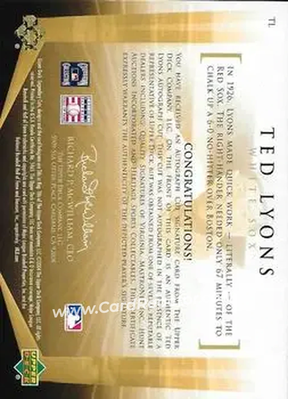 2004 SP Legendary Cuts - Legendary Cuts #TL - Ted Lyons - Chicago White Sox - Back