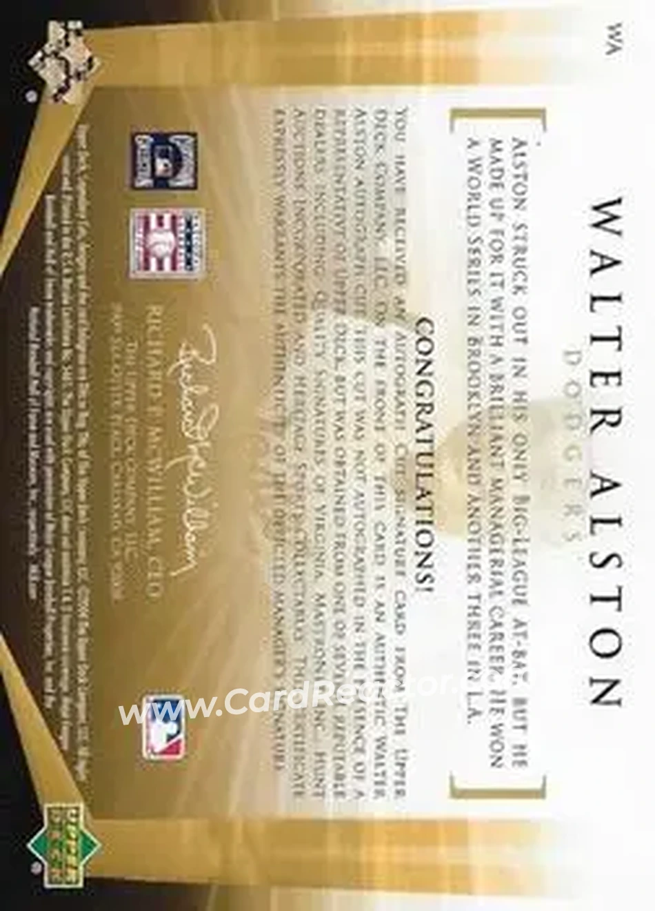 2004 SP Legendary Cuts - Legendary Cuts #WA - Walter Alston - Brooklyn Dodgers - Back