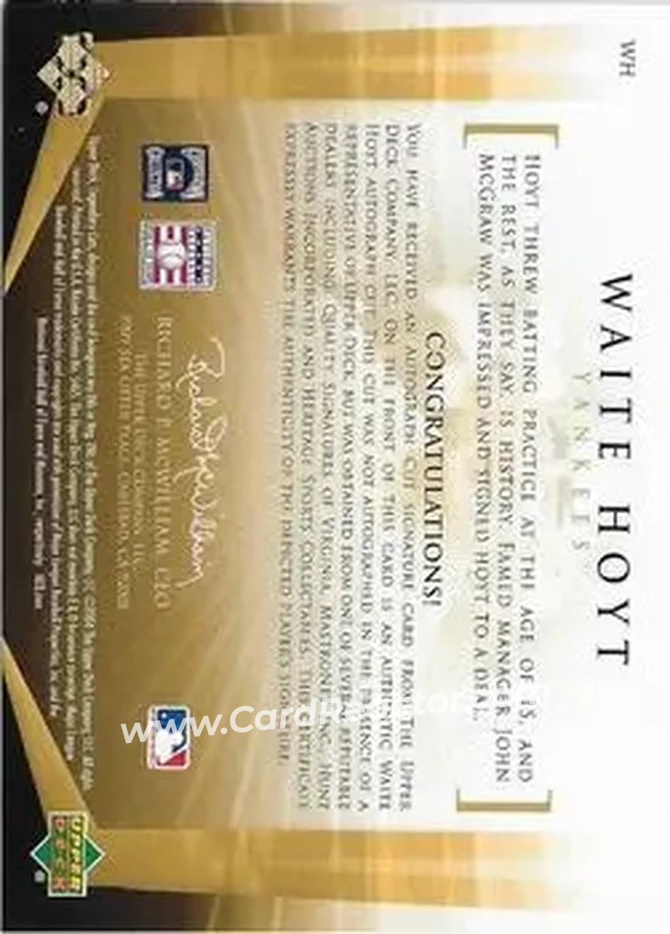 2004 SP Legendary Cuts - Legendary Cuts #WH - Waite Hoyt - New York Yankees - Back