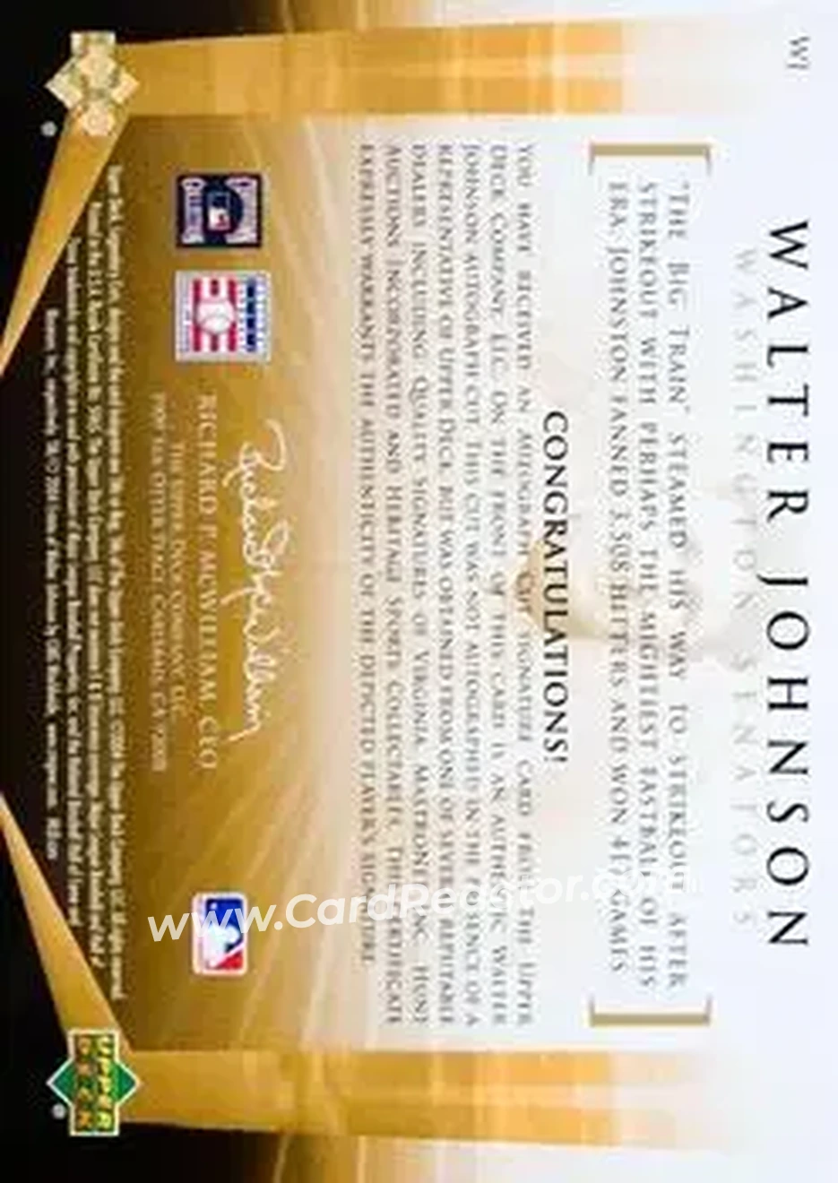 2004 SP Legendary Cuts - Legendary Cuts #WJ - Walter Johnson - Washington Senators - Back