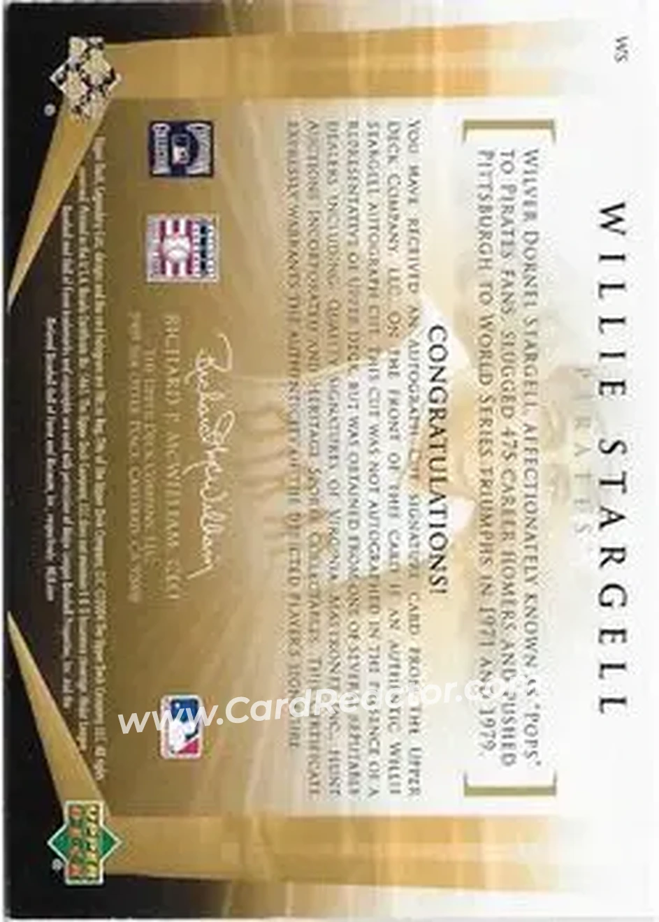 2004 SP Legendary Cuts - Legendary Cuts #WS - Willie Stargell - Pittsburgh Pirates - Back
