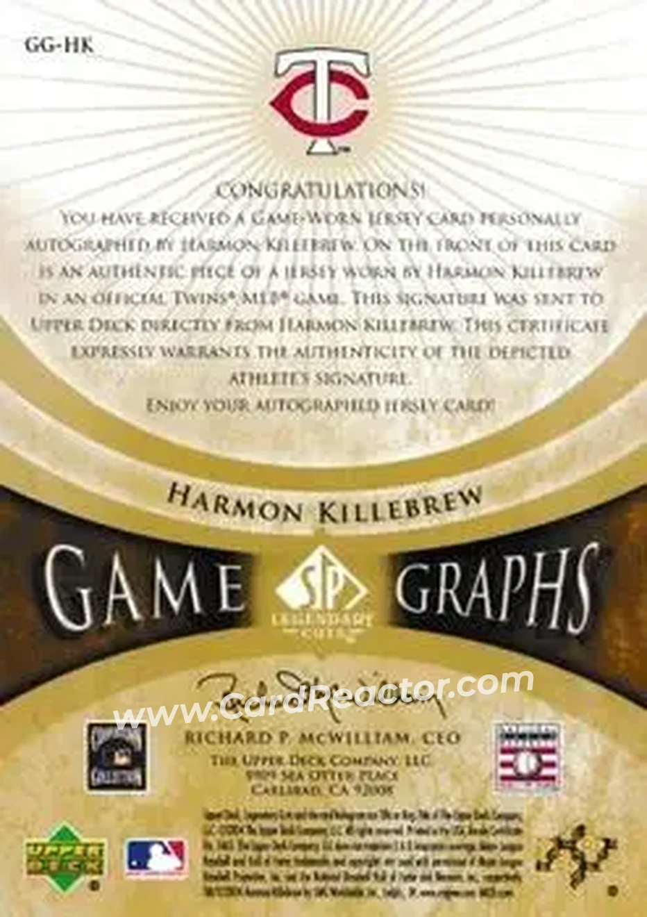 2004 SP Legendary Cuts - Game Graphs Memorabilia 25 #GG-HK - Harmon Killebrew - Minnesota Twins - Back