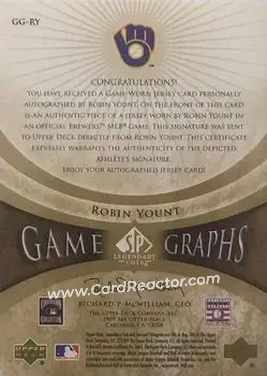 2004 SP Legendary Cuts - Game Graphs Memorabilia 25 #GG-RY - Robin Yount - Milwaukee Brewers - Back