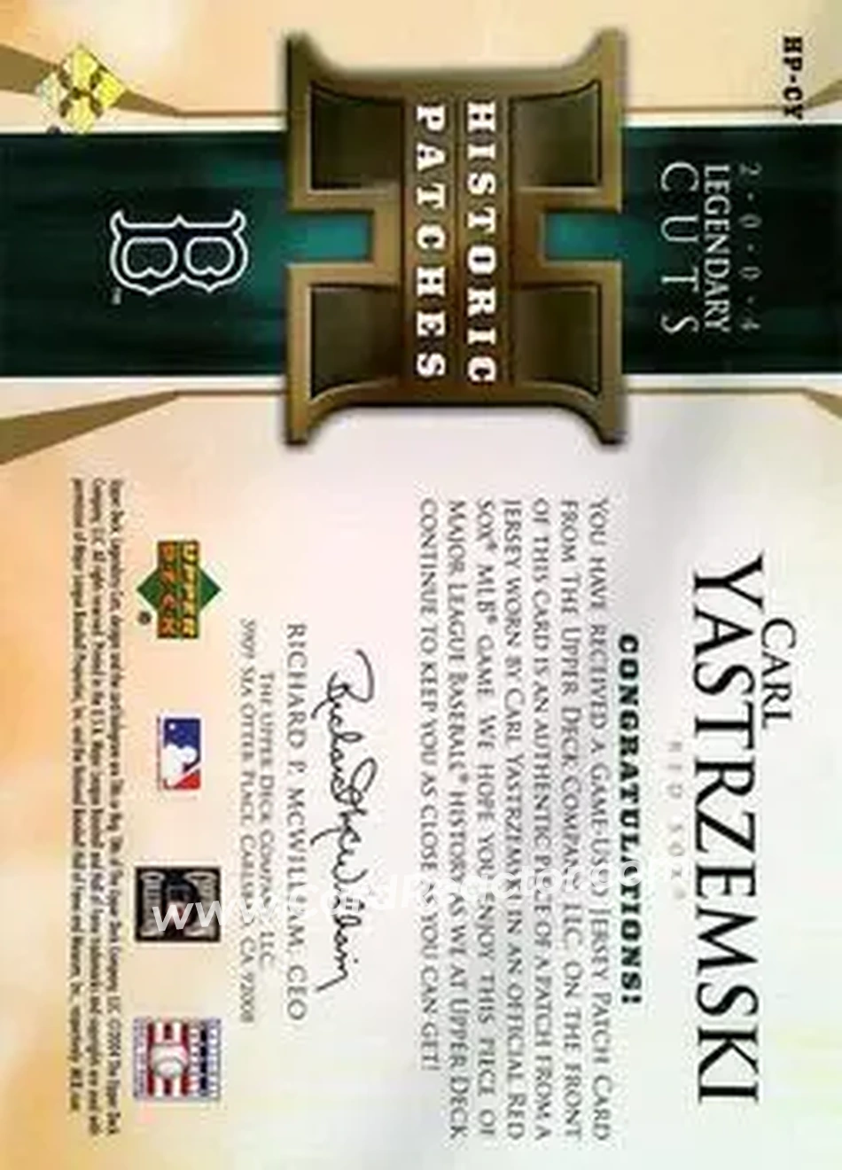 2004 SP Legendary Cuts - Historic Patches #HP-CY - Carl Yastrzemski - Boston Red Sox - Back 2004 SP Legendary Cuts - Historic Patches #HP-CY - Carl Yastrzemski - Boston Red Sox - Back