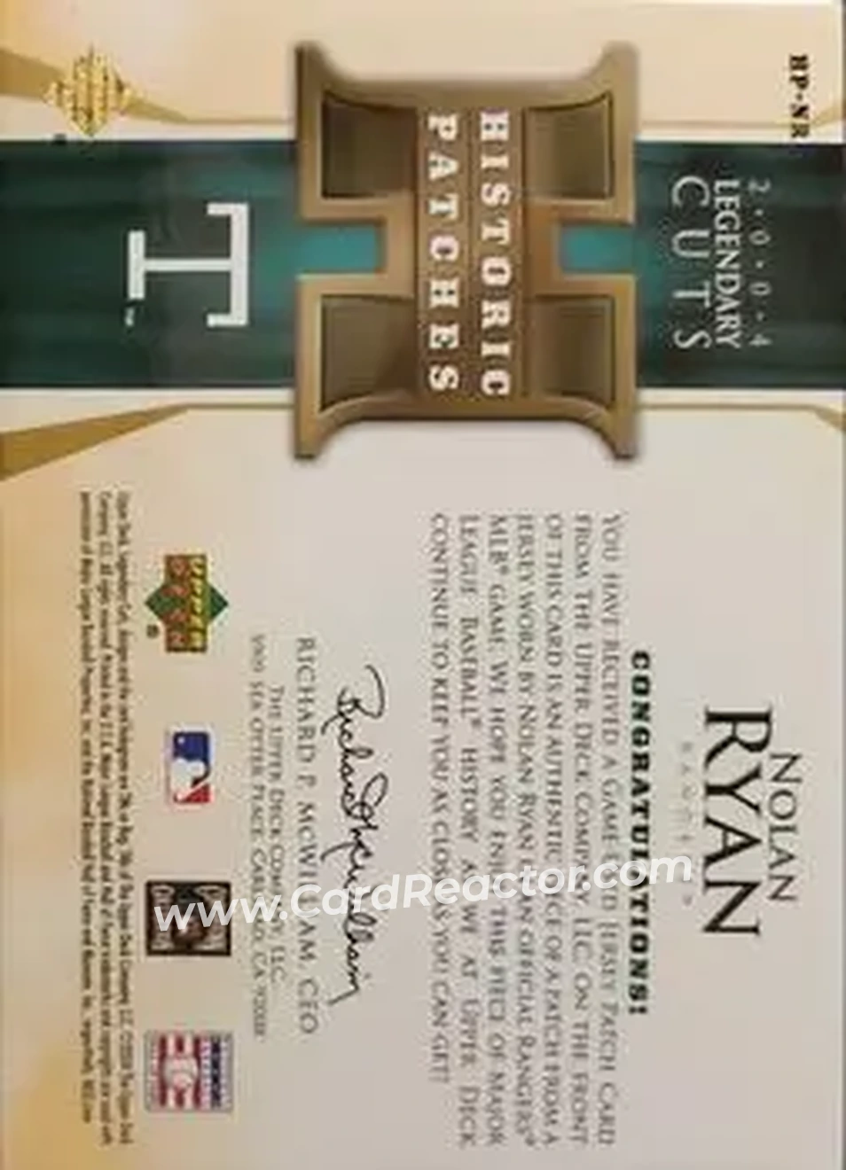 2004 SP Legendary Cuts - Historic Patches #HP-NR - Nolan Ryan - Texas Rangers - Back