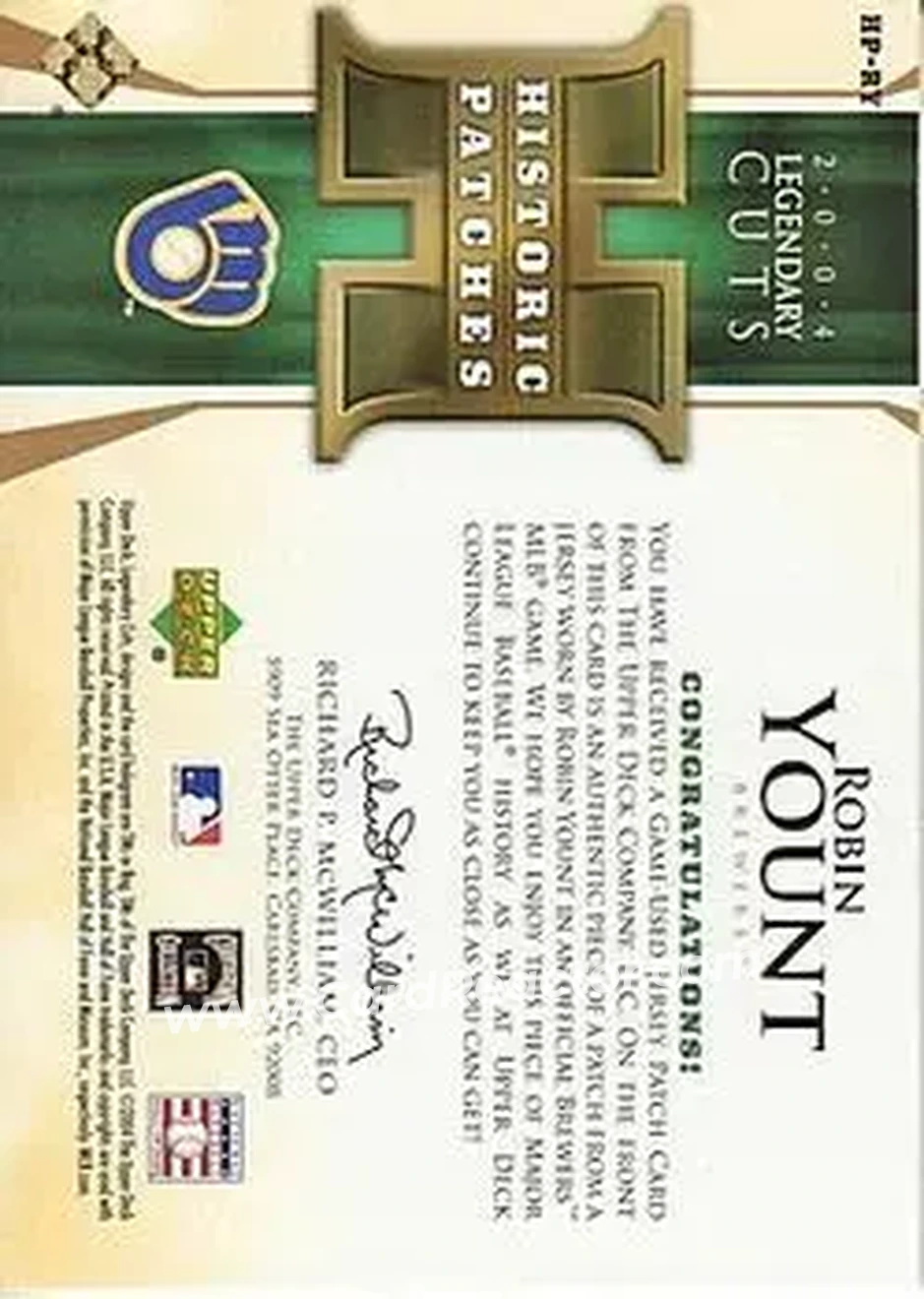 2004 SP Legendary Cuts - Historic Patches #HP-RY - Robin Yount - Milwaukee Brewers - Back