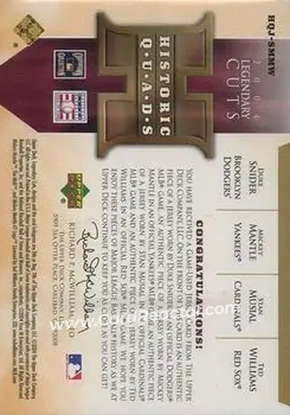 2004 SP Legendary Cuts - Historic Quads Memorabilia #HQJ-SMMW - Duke Snider - Mickey Mantle - Stan Musial - Ted Williams - Back