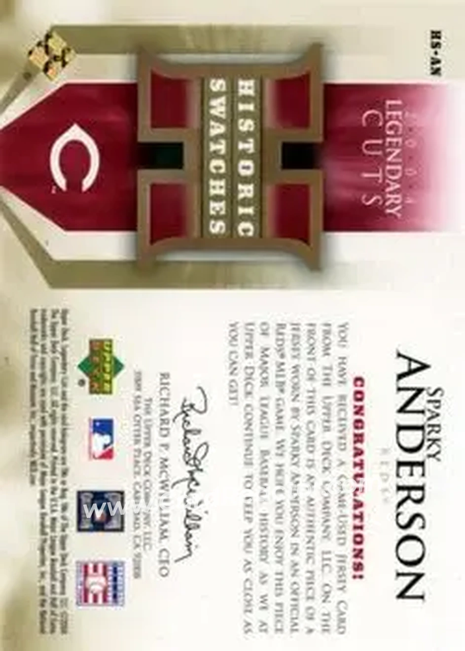 2004 SP Legendary Cuts - Historic Swatches #HS-AN - George Anderson - Cincinnati Reds - Back