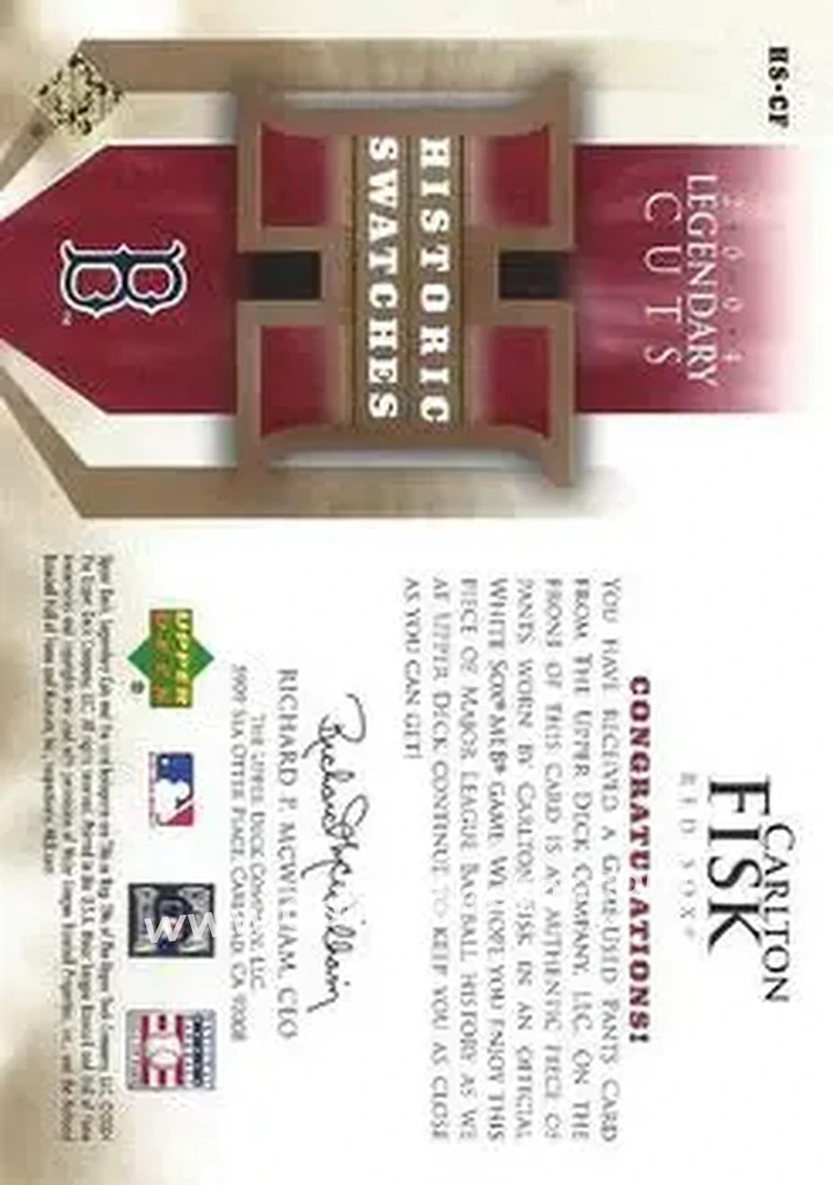 2004 SP Legendary Cuts - Historic Swatches #HS-CF - Carlton Fisk - Boston Red Sox - Back