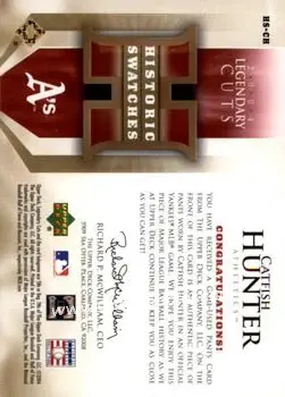 2004 SP Legendary Cuts - Historic Swatches #HS-CH - Jim Hunter - Oakland Athletics - Back