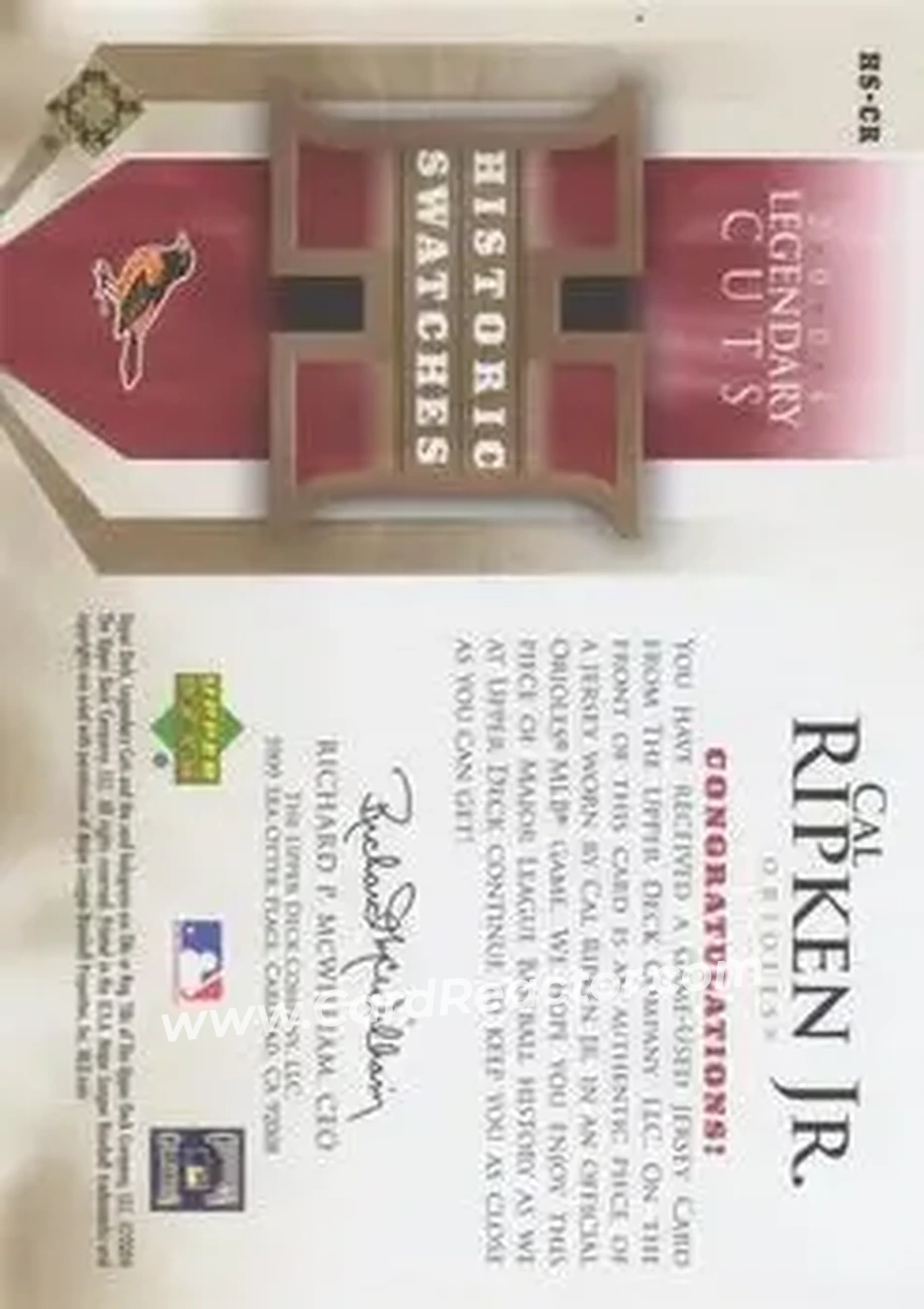 2004 SP Legendary Cuts - Historic Swatches #HS-CR - Cal Ripken - Baltimore Orioles - Back