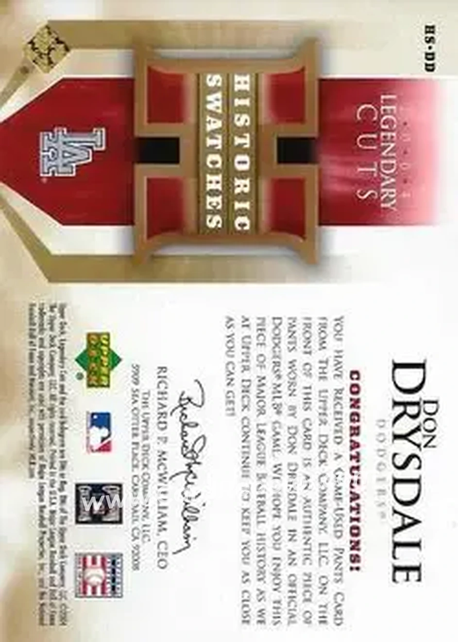 2004 SP Legendary Cuts - Historic Swatches #HS-DD - Don Drysdale - Los Angeles Dodgers - Back 2004 SP Legendary Cuts - Historic Swatches #HS-DD - Don Drysdale - Los Angeles Dodgers - Back