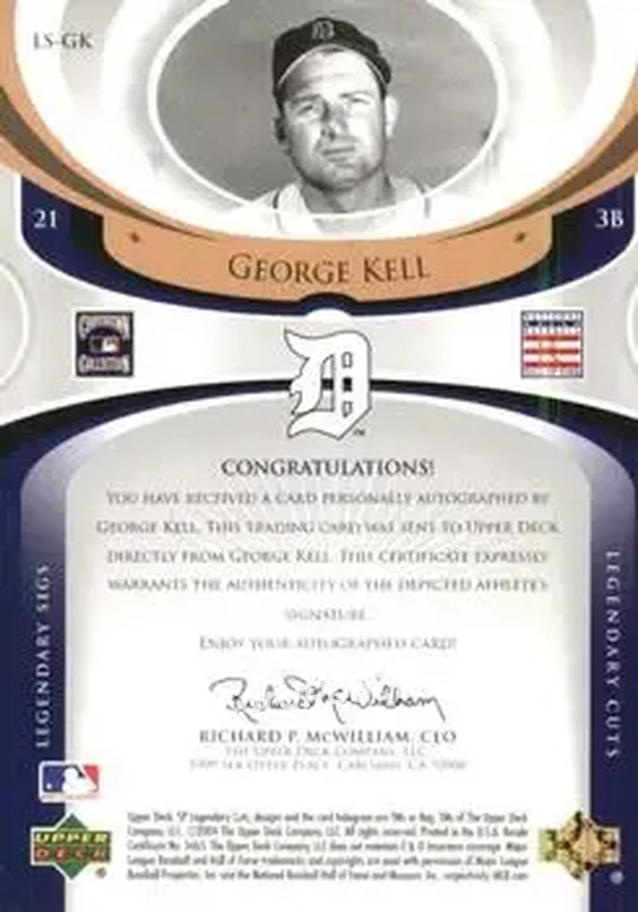 2004 SP Legendary Cuts - Legendary Sigs #LS-GK - George Kell - Detroit Tigers - Back 2004 SP Legendary Cuts - Legendary Sigs #LS-GK - George Kell - Detroit Tigers - Back