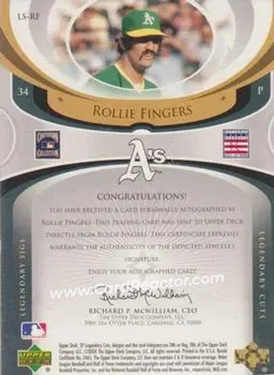 2004 SP Legendary Cuts - Legendary Sigs #LS-RF - Rollie Fingers - Oakland Athletics - Back 2004 SP Legendary Cuts - Legendary Sigs #LS-RF - Rollie Fingers - Oakland Athletics - Back