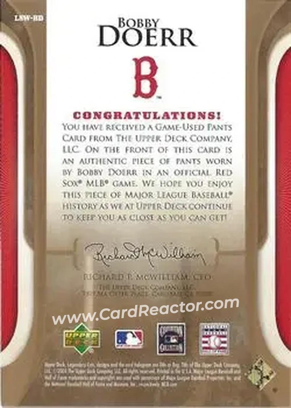 2004 SP Legendary Cuts - Legendary Swatches #LSW-BD - Bobby Doerr - Boston Red Sox - Back