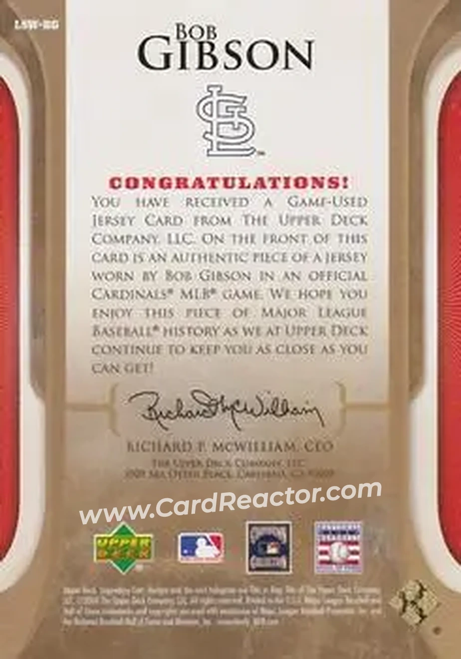 2004 SP Legendary Cuts - Legendary Swatches #LSW-BG - Bob Gibson - St. Louis Cardinals - Back