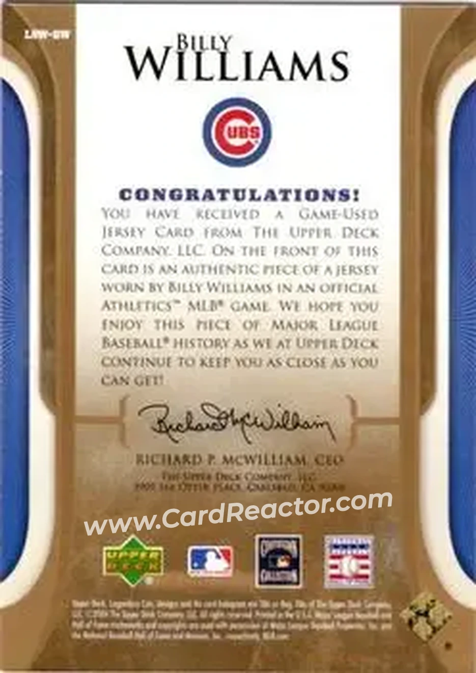 2004 SP Legendary Cuts - Legendary Swatches #LSW-BW - Billy Williams - Chicago Cubs - Back 2004 SP Legendary Cuts - Legendary Swatches #LSW-BW - Billy Williams - Chicago Cubs - Back