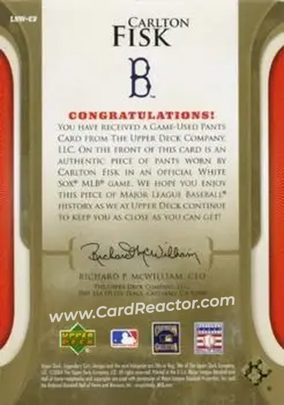 2004 SP Legendary Cuts - Legendary Swatches #LSW-CF - Carlton Fisk - Boston Red Sox - Back