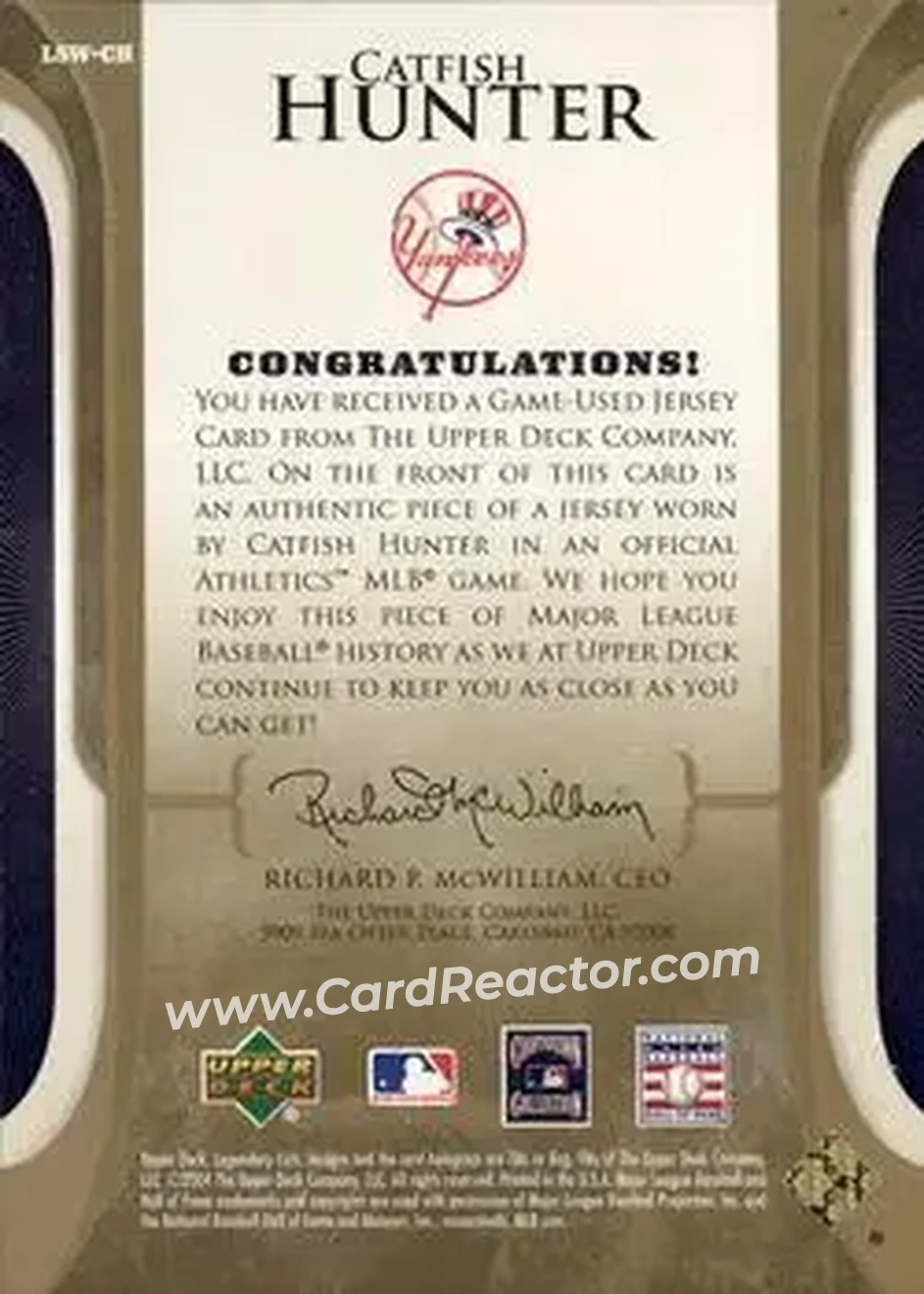 2004 SP Legendary Cuts - Legendary Swatches #LSW-CH - Jim Hunter - New York Yankees - Back
