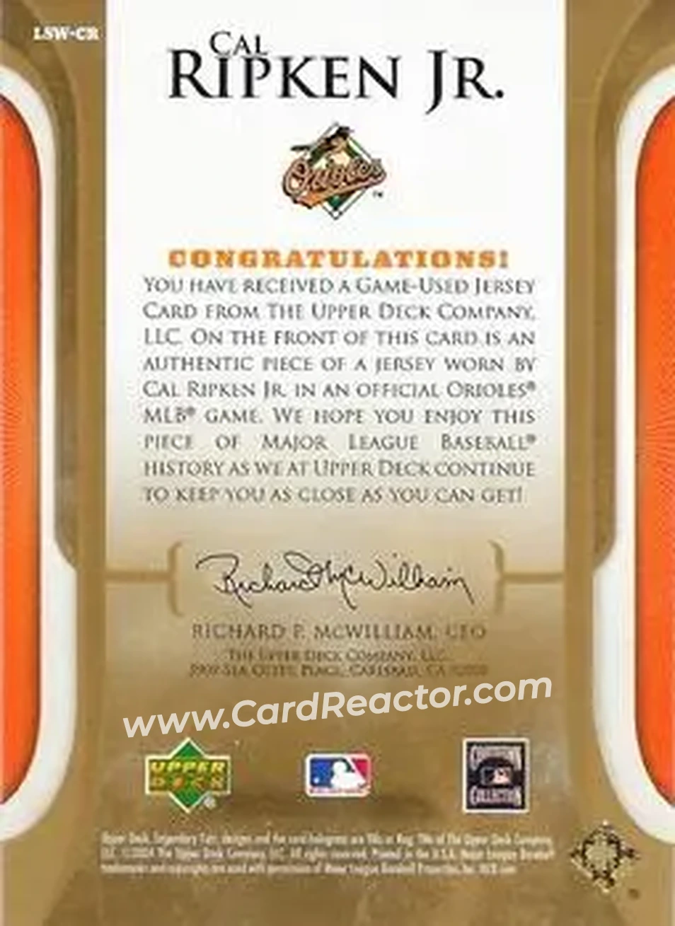2004 SP Legendary Cuts - Legendary Swatches #LSW-CR - Cal Ripken - Baltimore Orioles - Back