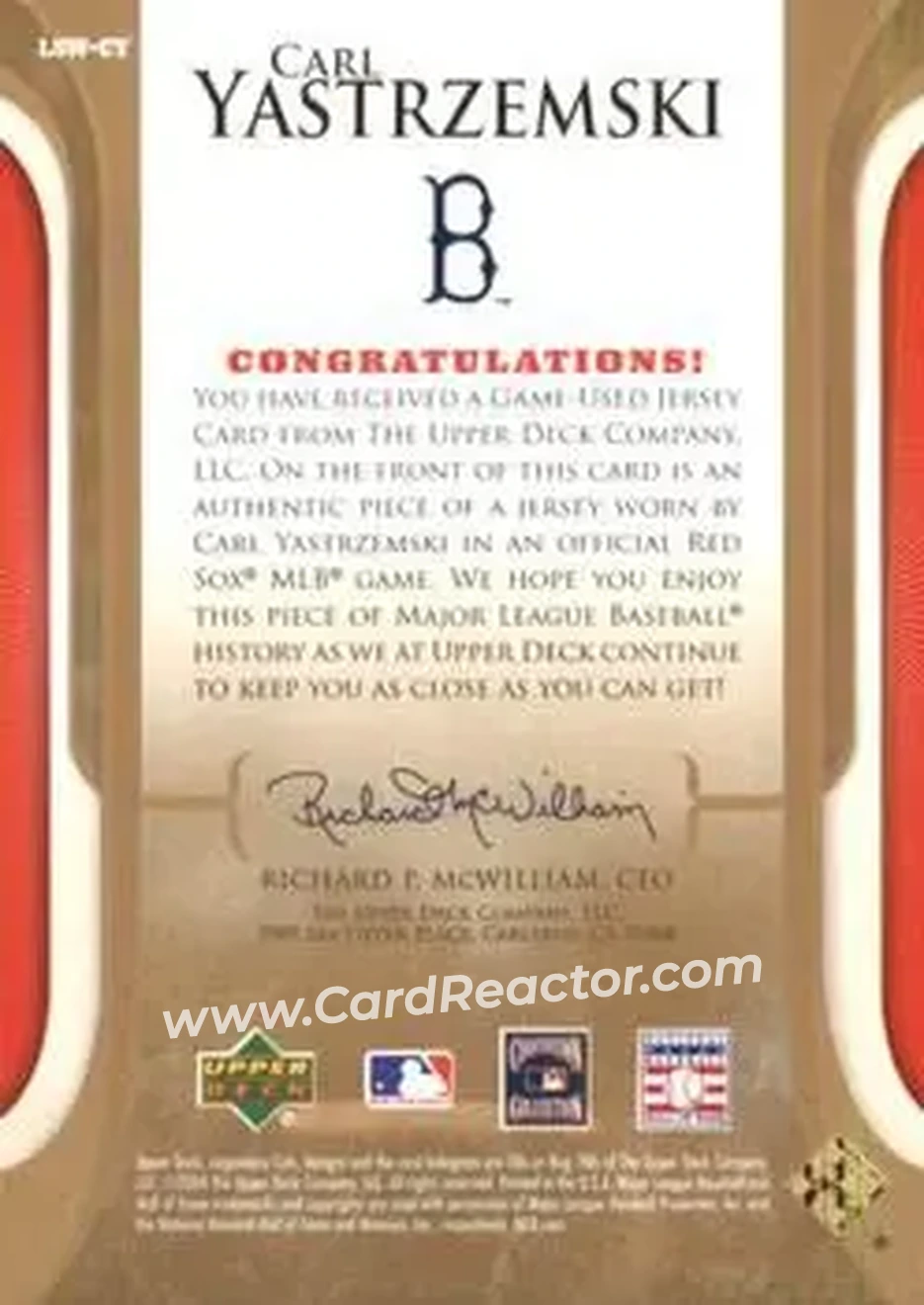2004 SP Legendary Cuts - Legendary Swatches #LSW-CY - Carl Yastrzemski - Boston Red Sox - Back