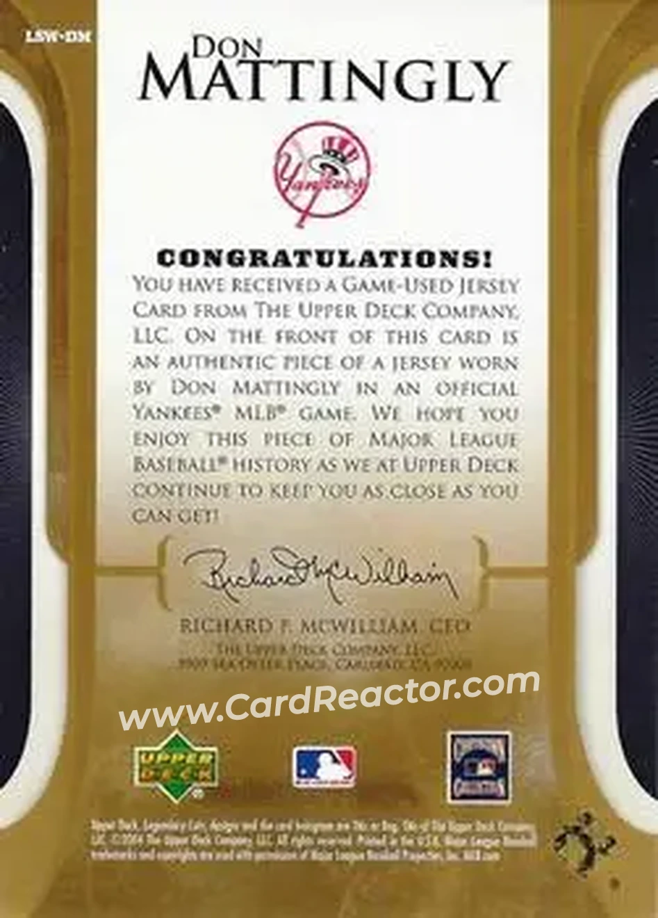 2004 SP Legendary Cuts - Legendary Swatches #LSW-DM - Don Mattingly - New York Yankees - Back 2004 SP Legendary Cuts - Legendary Swatches #LSW-DM - Don Mattingly - New York Yankees - Back